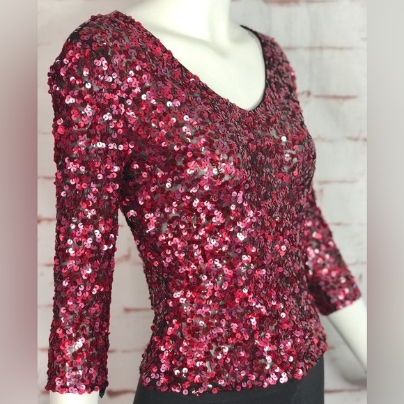 MARINA by Marina Bresler Sheer Red Sequin on Black Net 3/4 Sleeves Size 6 Top - Picture 1 of 13